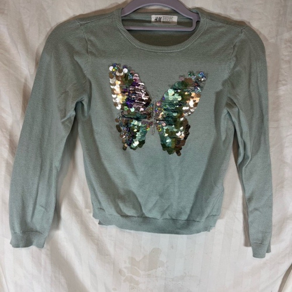 HM Girls Sage Green Butterfly Sequin Cotton Knit Sweater Size 6-8Y 0739889 0